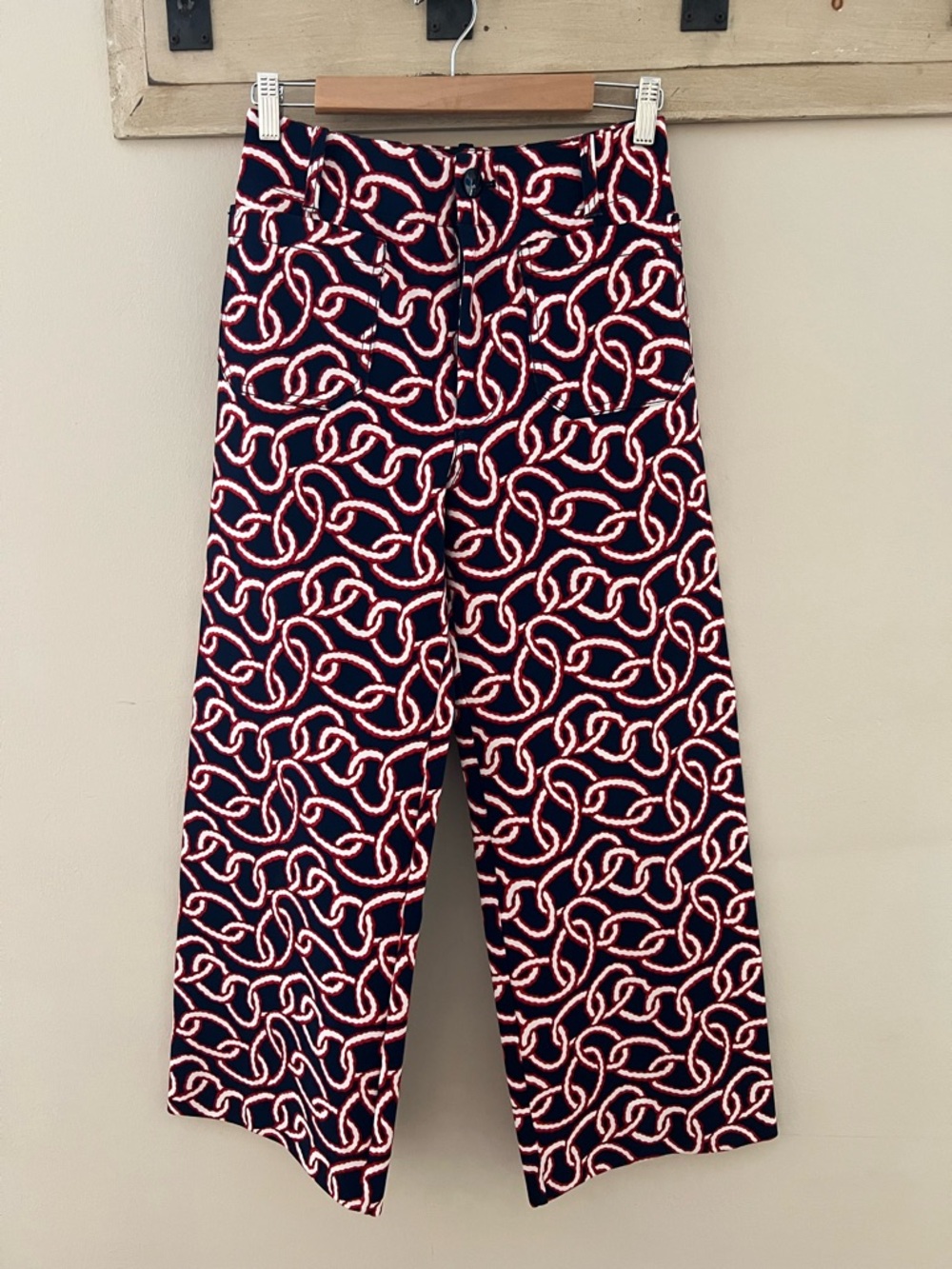 Maeve by Anthropologie- Navy Wide Leg Pants with Red Rope Chain Print
